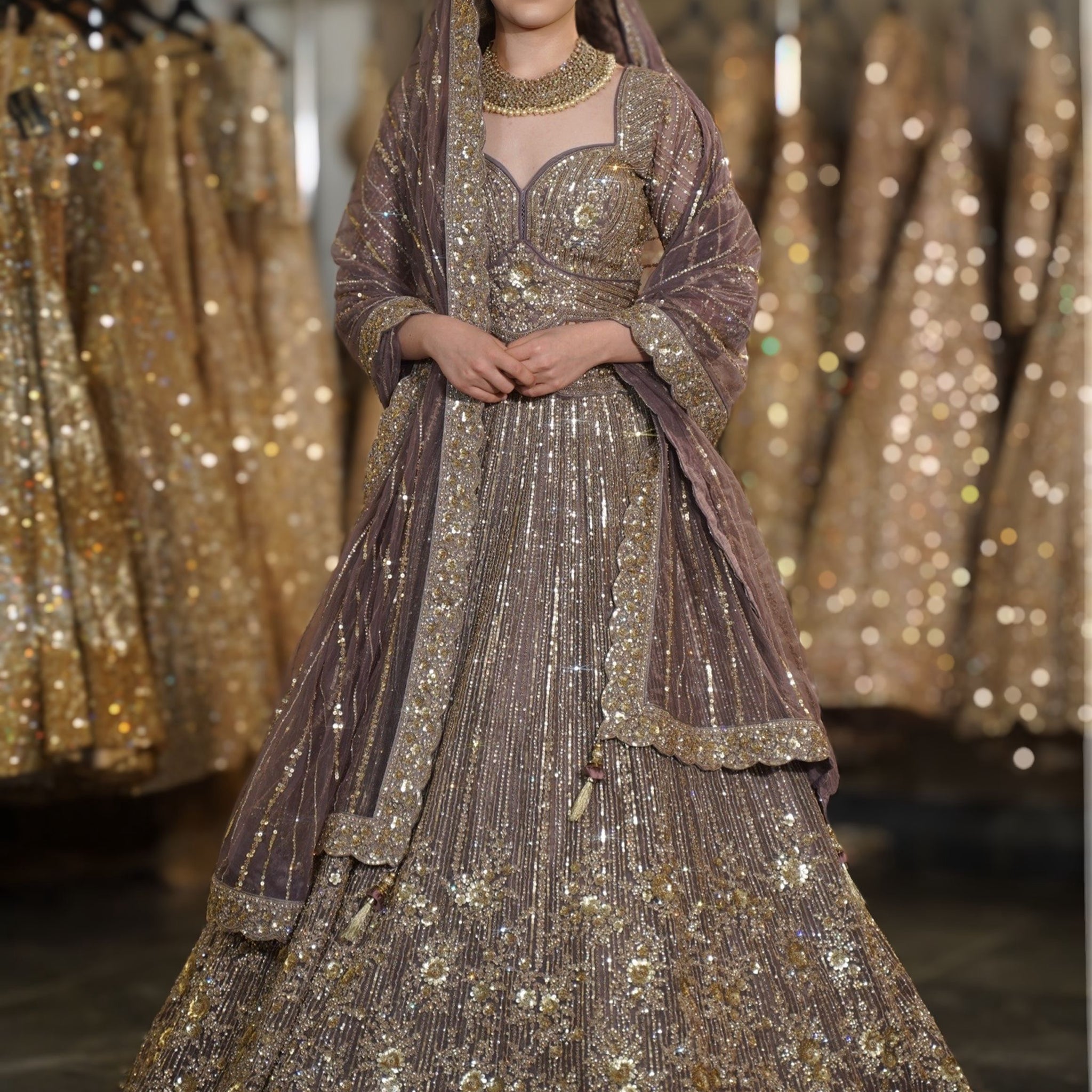 Taupe Mauve Linear & Floral Sequin Embroidered Lehenga Set