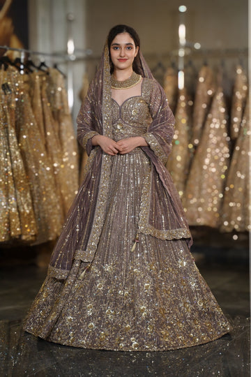 Taupe Mauve Linear & Floral Sequin Embroidered Lehenga Set