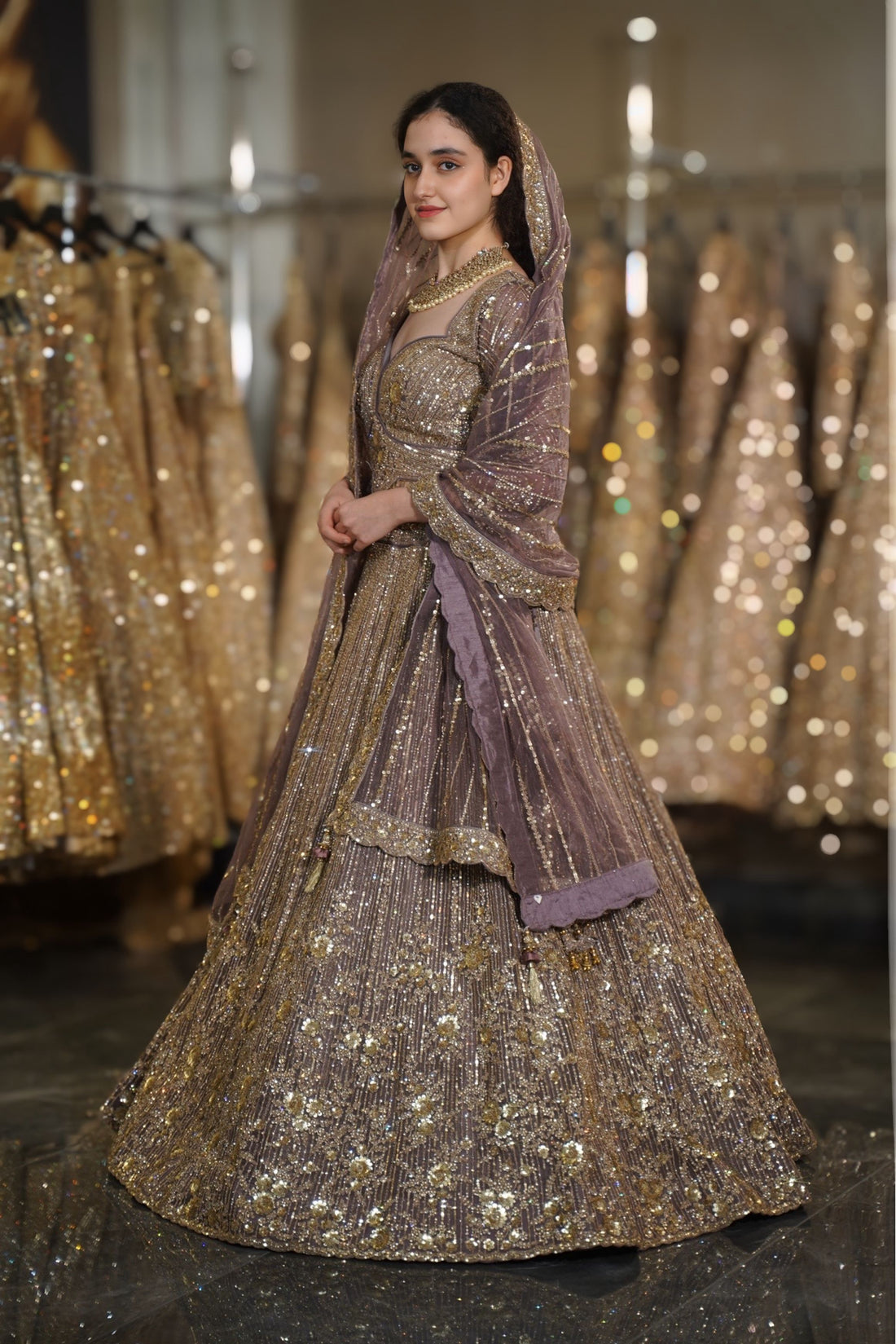 Taupe Mauve Linear & Floral Sequin Embroidered Lehenga Set