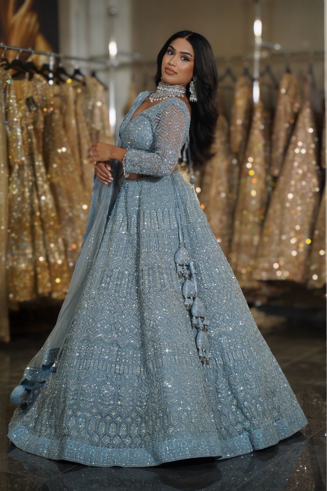 Powder Blue Geometric & Lattice Crystal Embroidered Lehenga Set