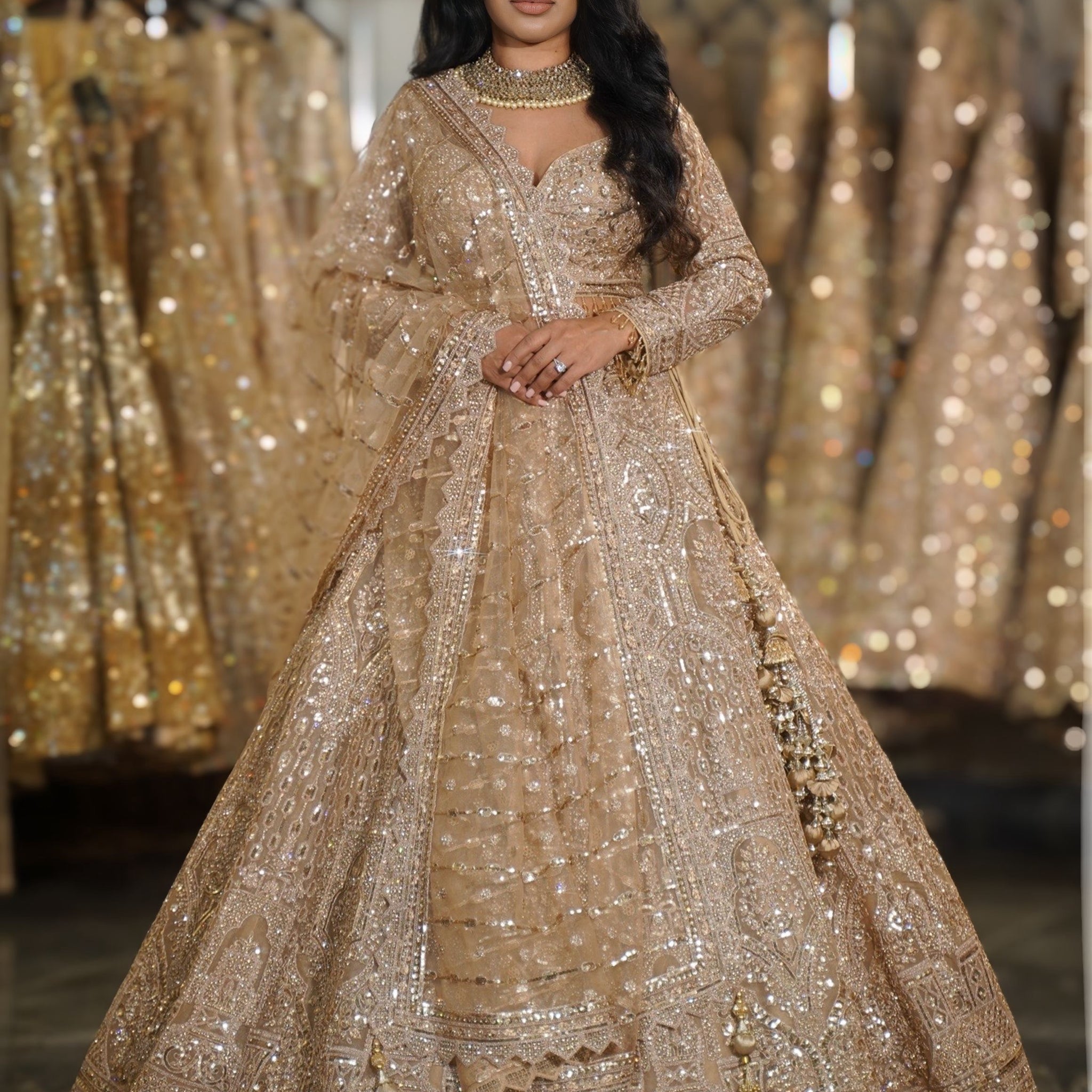 Champagne Gold Heavy Sequin & Crystal Embroidered Lehenga Set