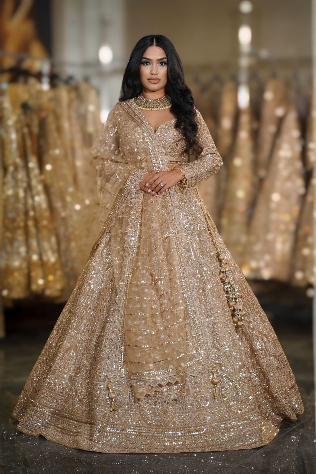 Champagne Gold Heavy Sequin & Crystal Embroidered Lehenga Set