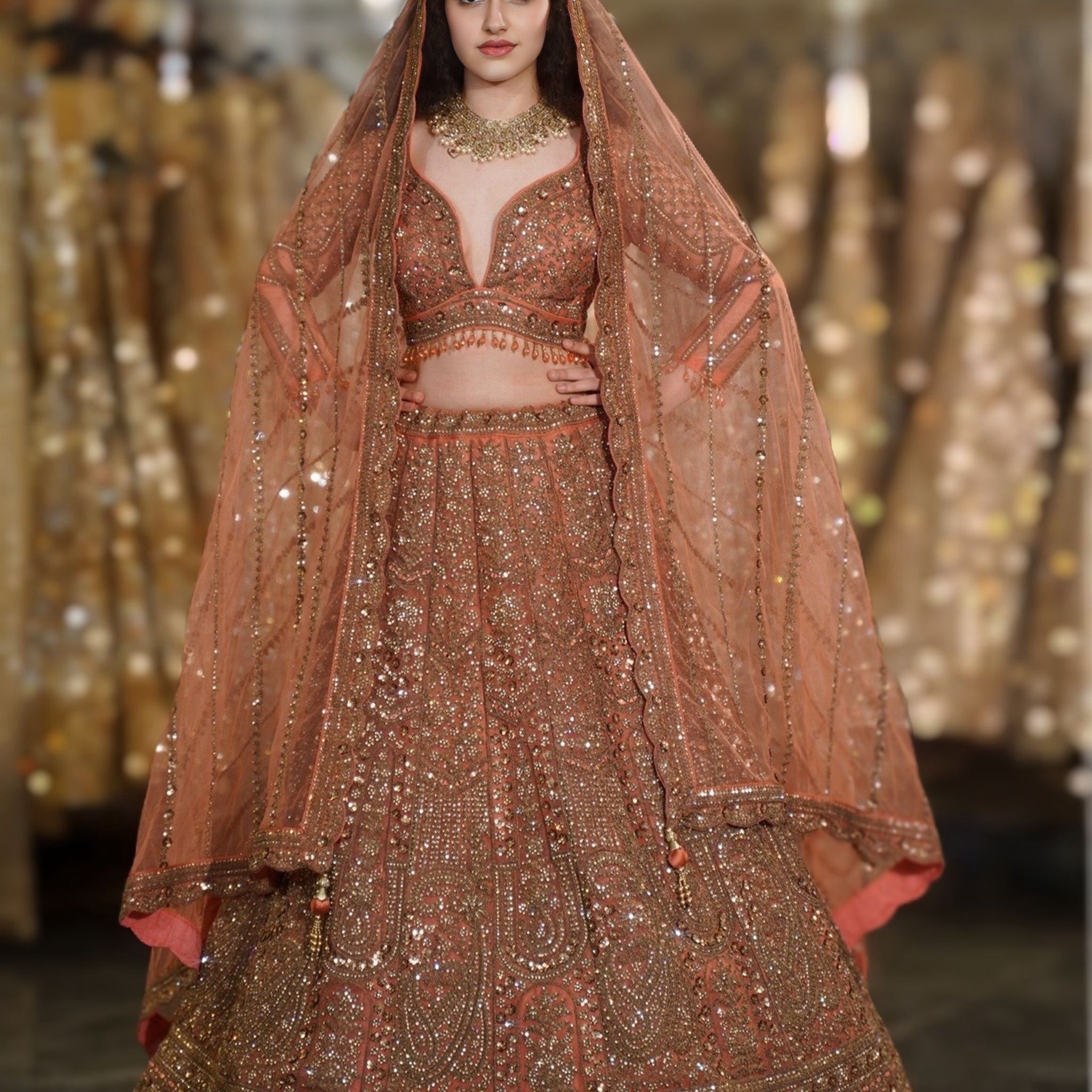 Rust Orange Antique Gold Paisley & Arch Embroidered Lehenga Set