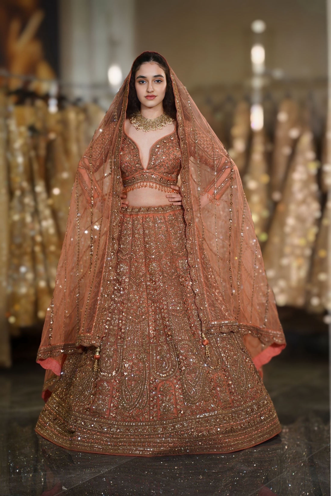 Rust Orange Antique Gold Paisley & Arch Embroidered Lehenga Set