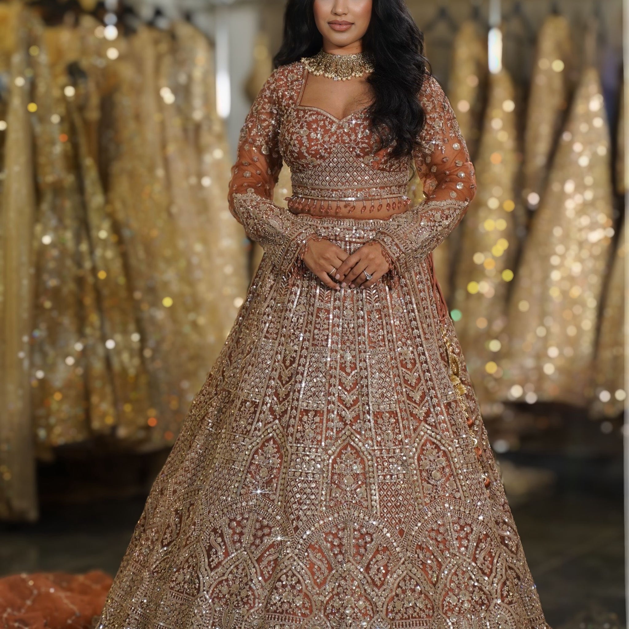 Rust Copper Architectural Sequin & Crystal Embroidered Lehenga Set
