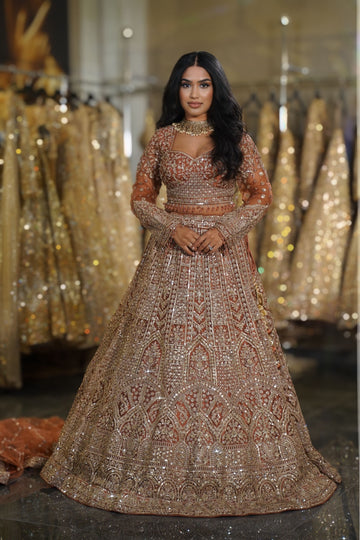Rust Copper Architectural Sequin & Crystal Embroidered Lehenga Set