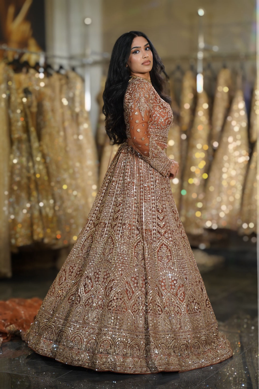Rust Copper Architectural Sequin & Crystal Embroidered Lehenga Set