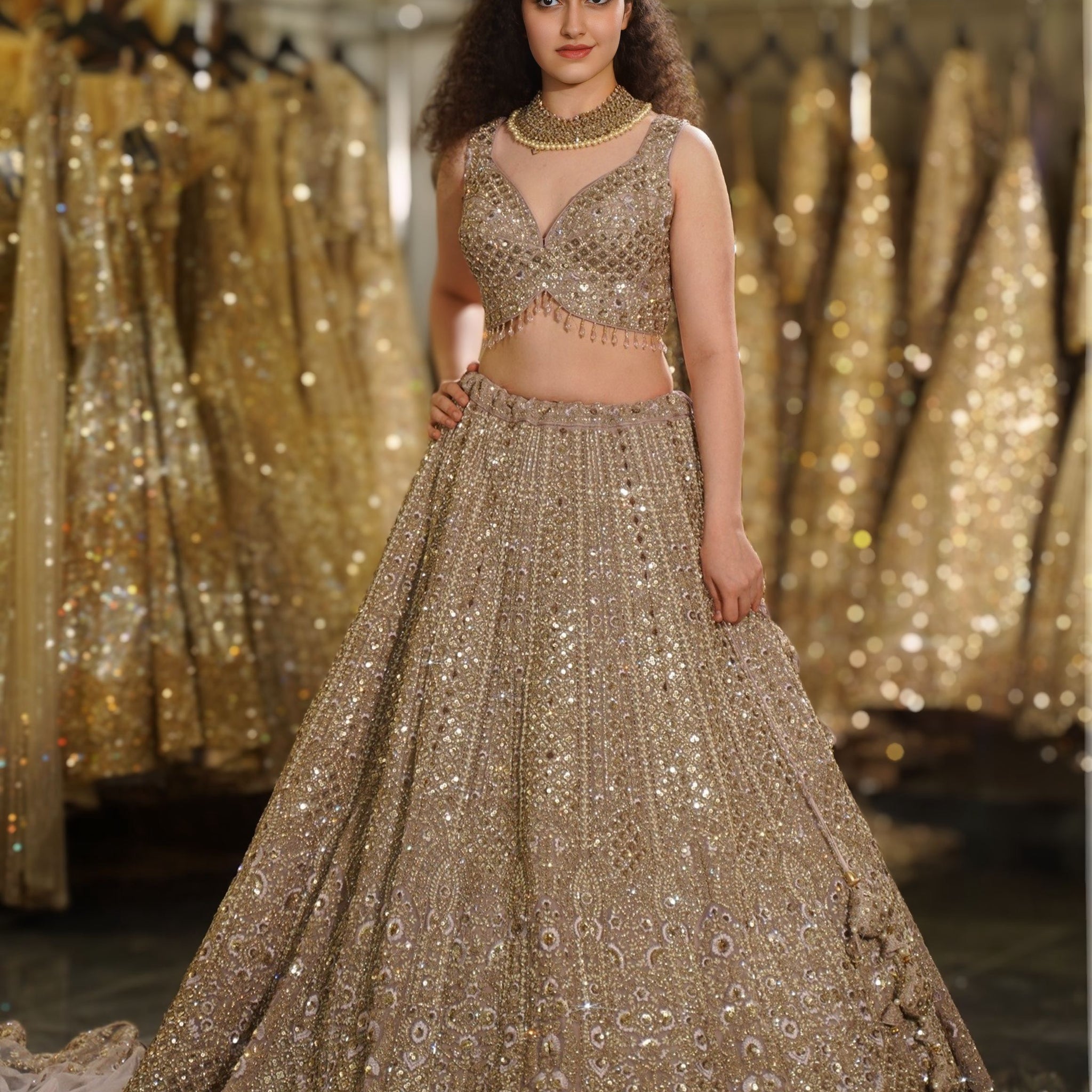 Champagne Taupe Heavy Sequin & Crystal Embroidered Lehenga Set