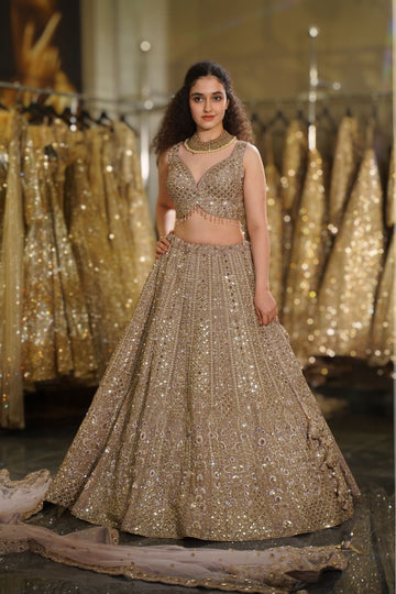 Champagne Taupe Heavy Sequin & Crystal Embroidered Lehenga Set