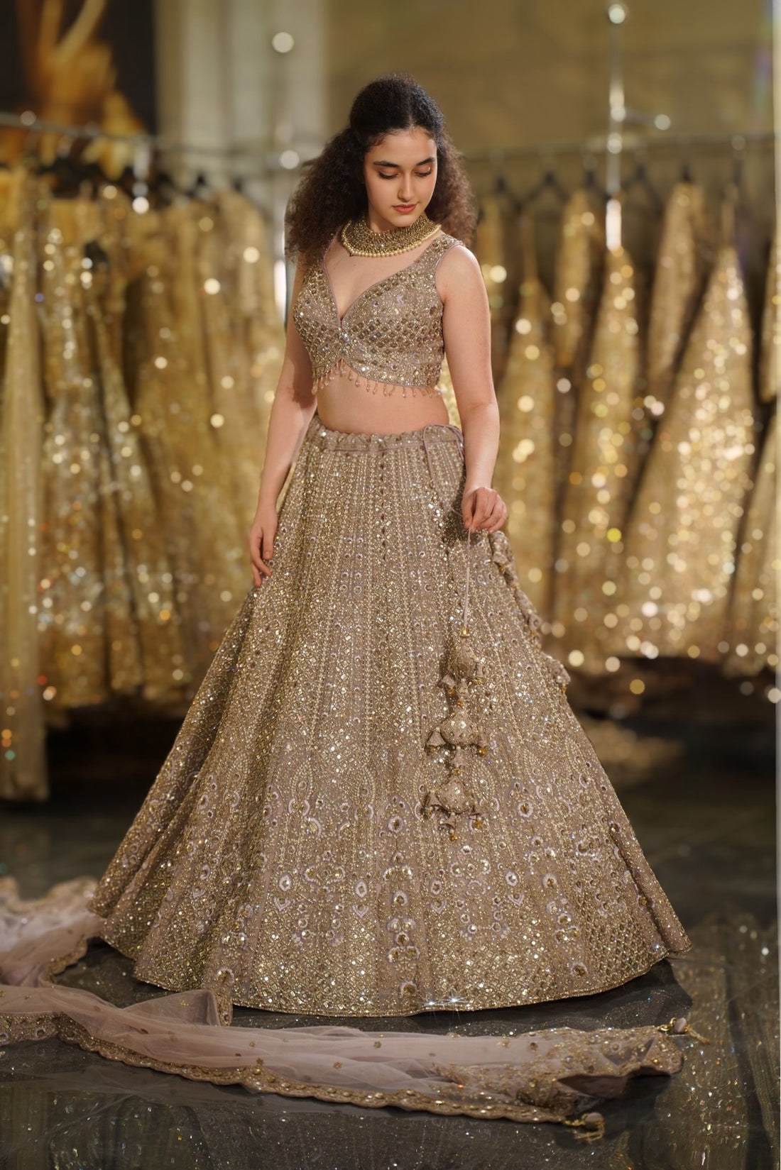 Champagne Taupe Heavy Sequin & Crystal Embroidered Lehenga Set