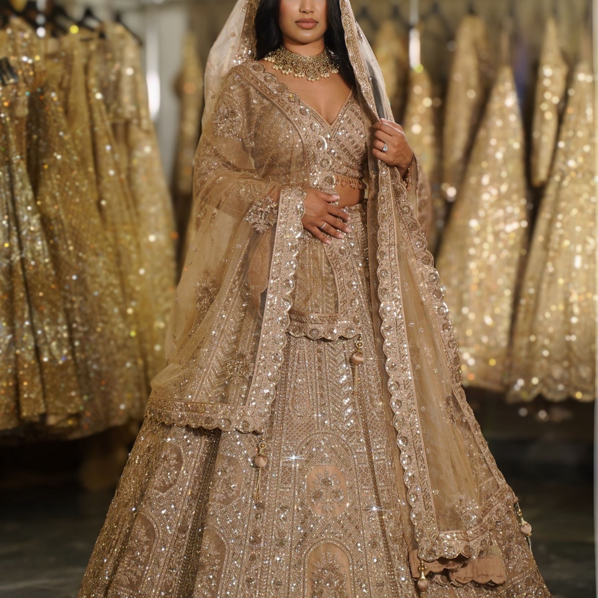 Champagne Gold Architectural & Scalloped Sequin Embroidered Lehenga Set