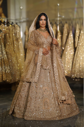 Champagne Gold Architectural & Scalloped Sequin Embroidered Lehenga Set