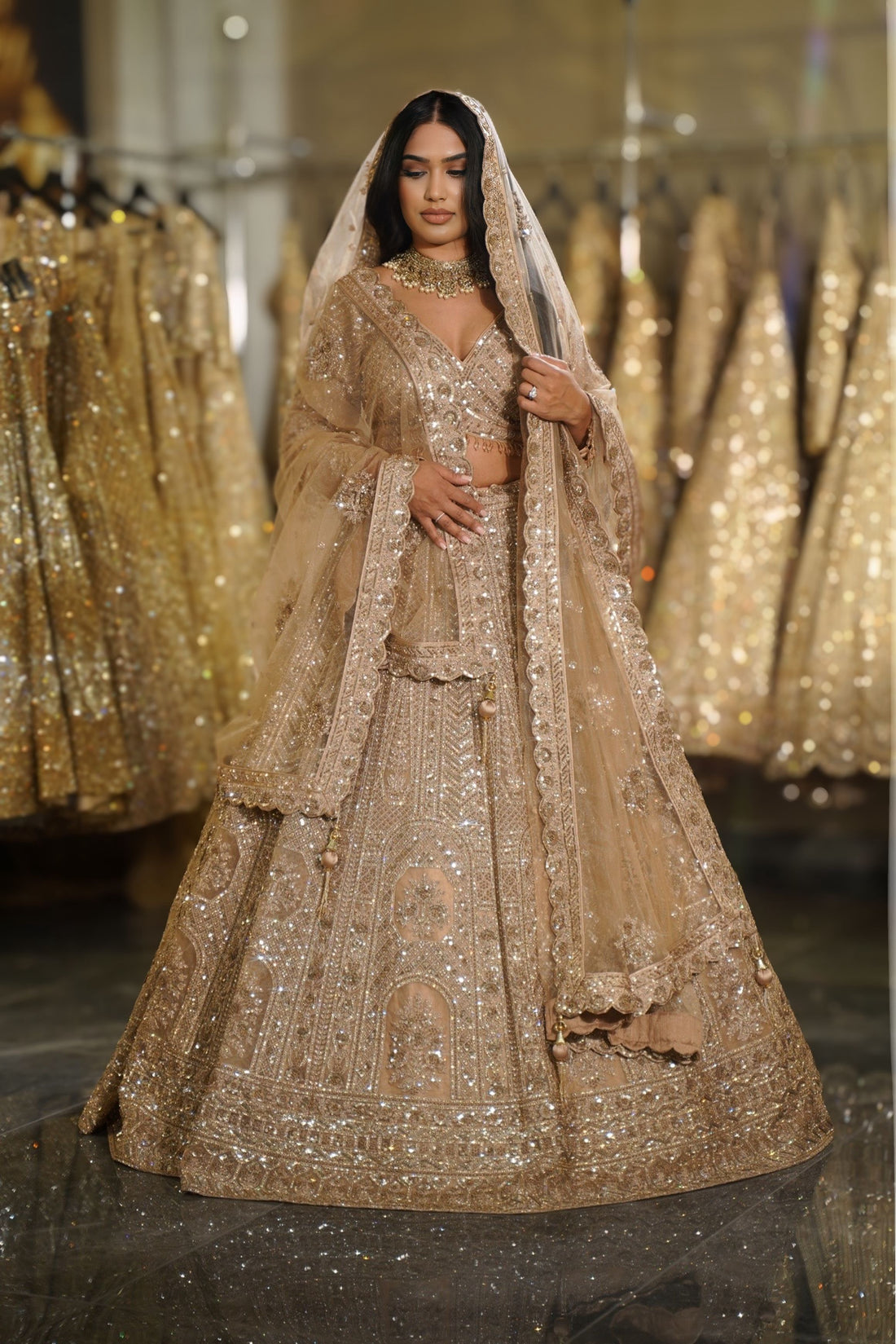 Champagne Gold Architectural & Scalloped Sequin Embroidered Lehenga Set
