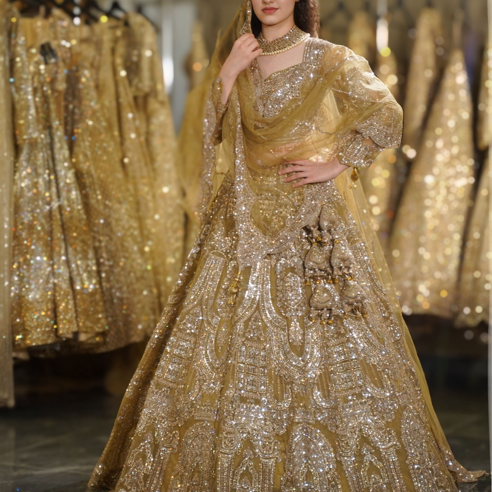 Mustard Gold Heavy Architectural Sequin & Zardosi Embroidered Lehenga Set