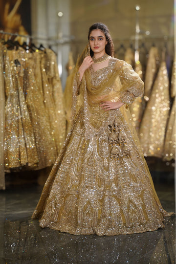 Mustard Gold Heavy Architectural Sequin & Zardosi Embroidered Lehenga Set