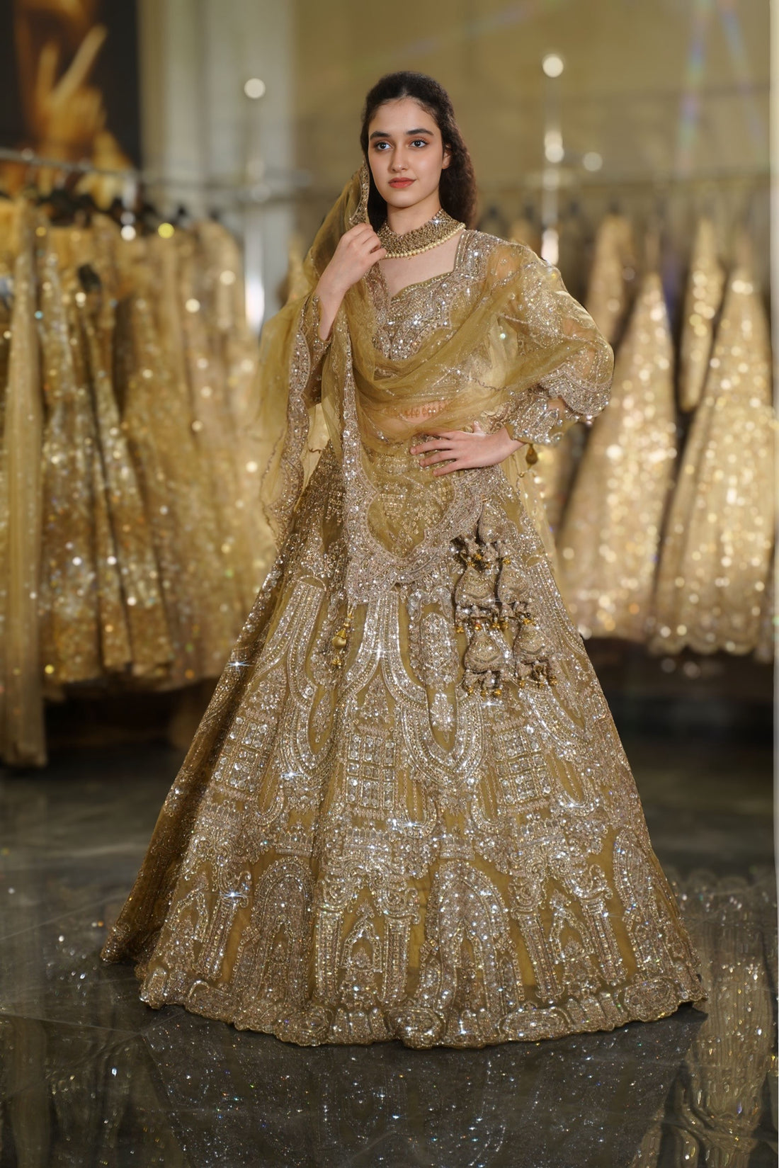Mustard Gold Heavy Architectural Sequin & Zardosi Embroidered Lehenga Set