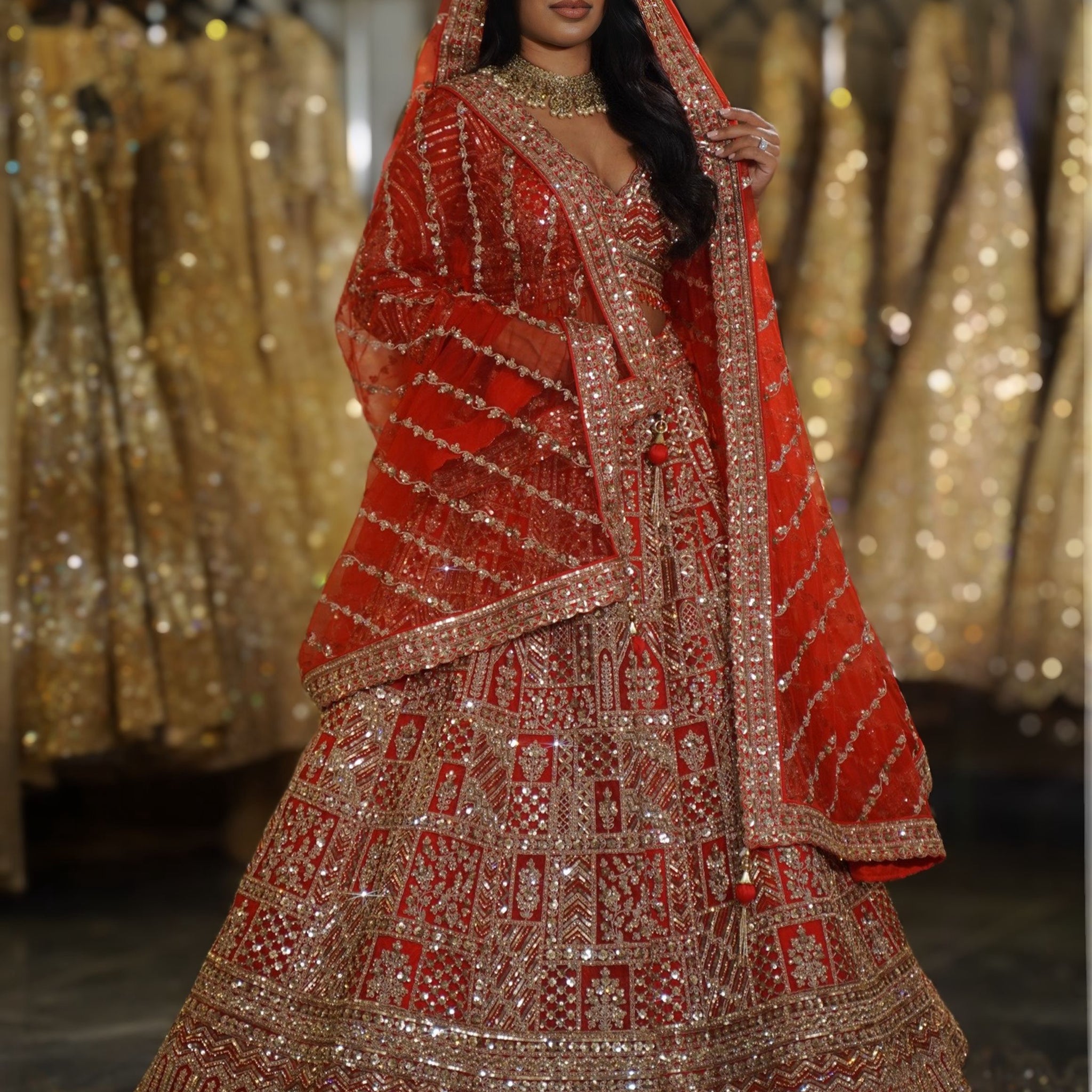 Classic Red Geometric Grid & Gold Zardosi Bridal Lehenga Set