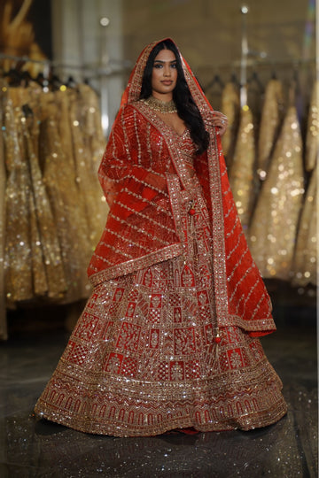 Classic Red Geometric Grid & Gold Zardosi Bridal Lehenga Set