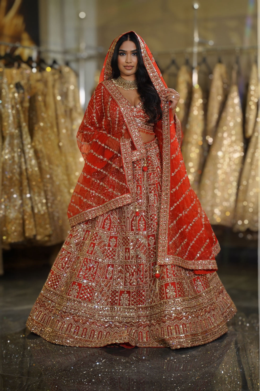 Classic Red Geometric Grid & Gold Zardosi Bridal Lehenga Set
