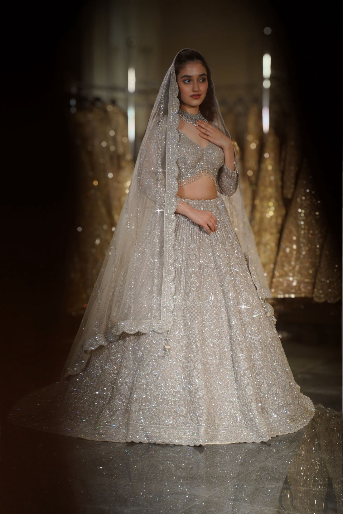 Platinum Silver Crystal & Linear Sequin Embroidered Lehenga Set