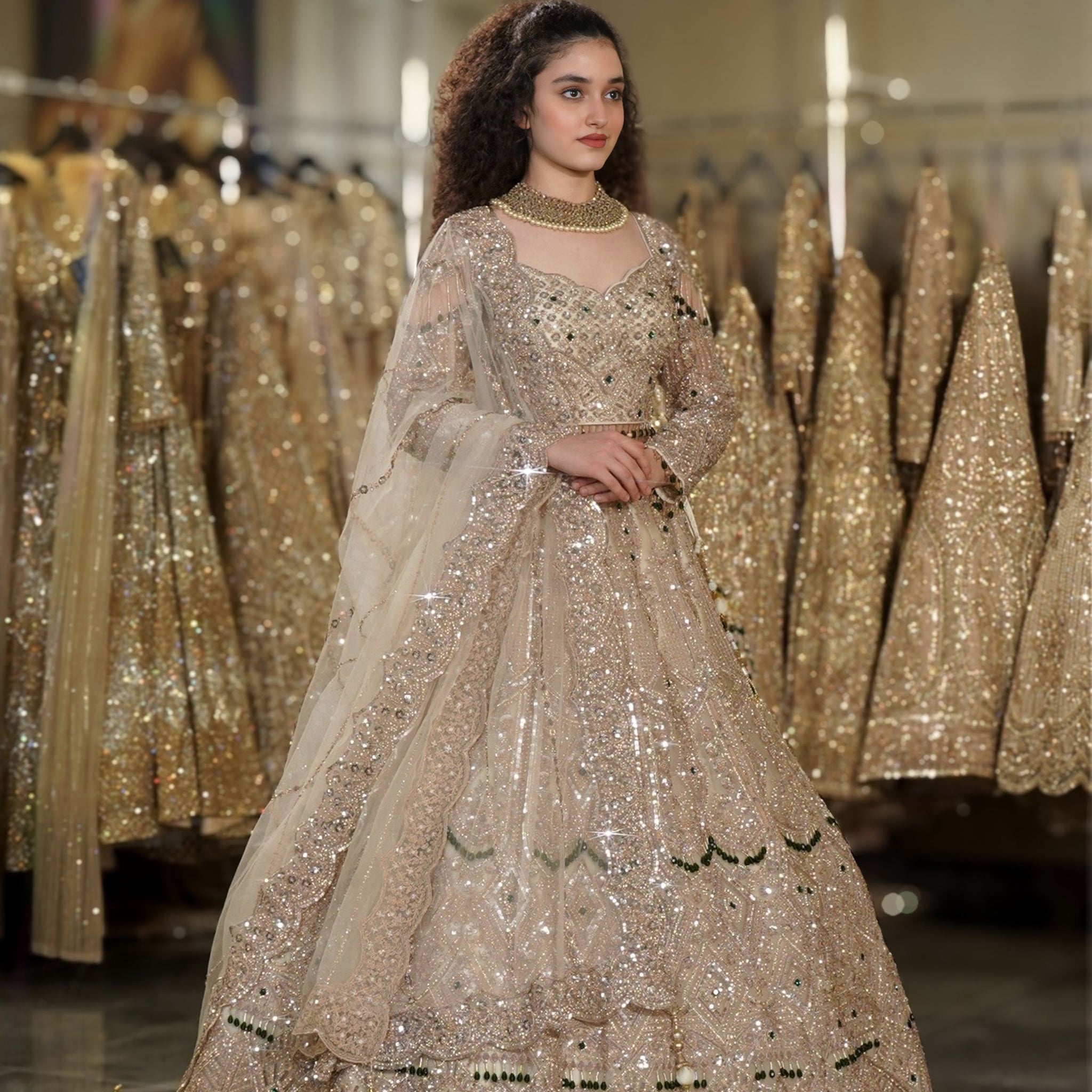 Champagne Beige Sequin & Crystal Embroidered Lehenga Set with Emerald Accents