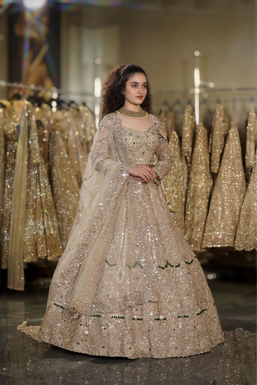 Champagne Beige Sequin & Crystal Embroidered Lehenga Set with Emerald Accents