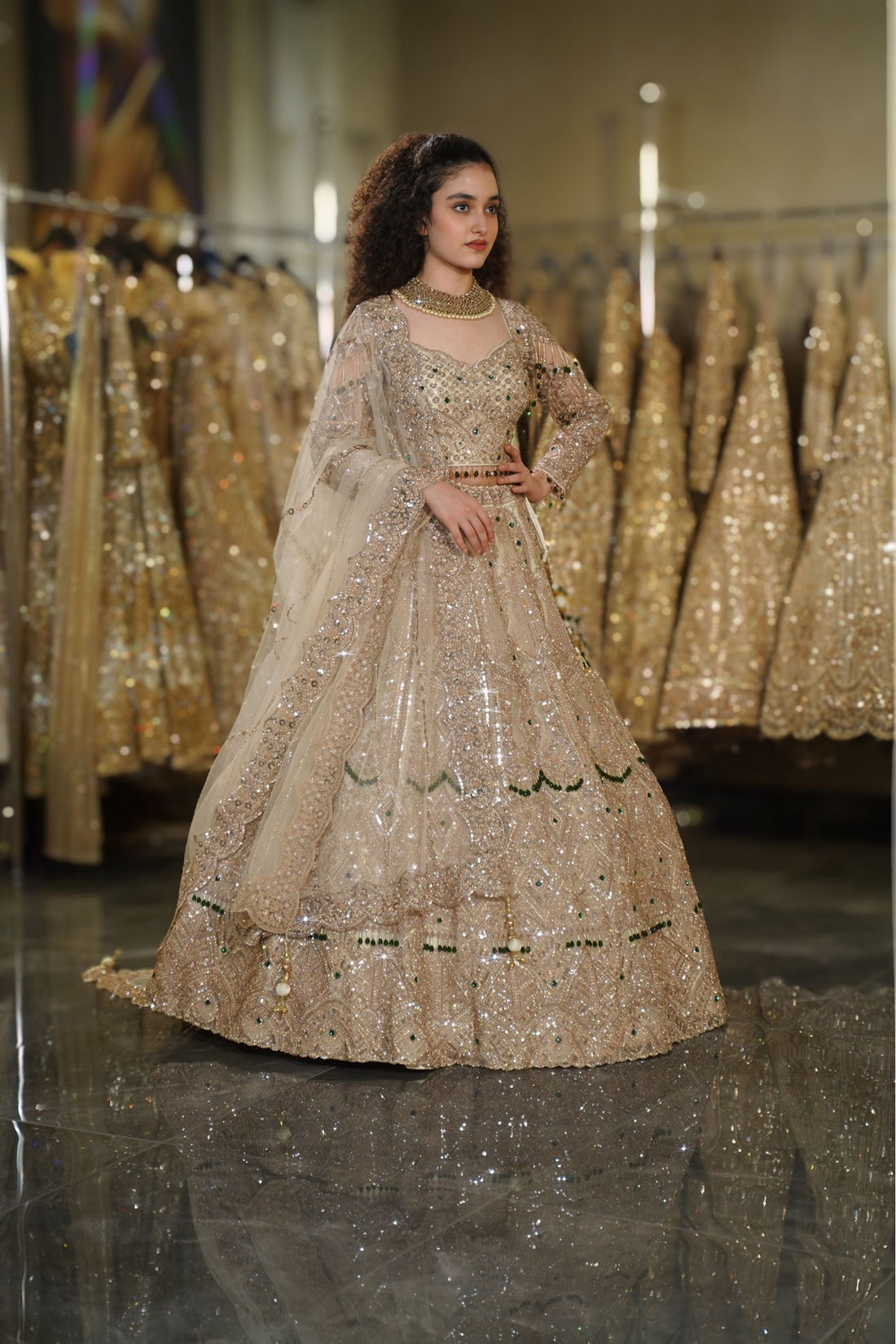 Champagne Beige Sequin & Crystal Embroidered Lehenga Set with Emerald Accents