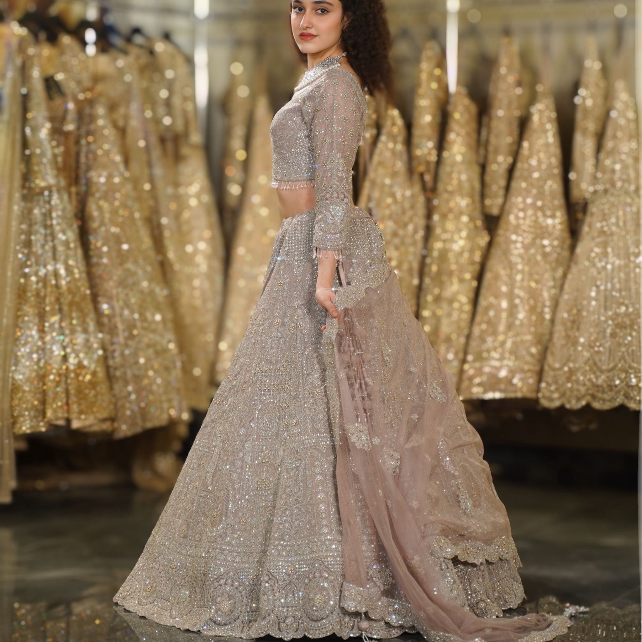 Dusty Mauve Silver Crystal & Architectural Sequin Embroidered Lehenga Set