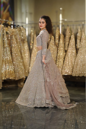 Dusty Mauve Silver Crystal & Architectural Sequin Embroidered Lehenga Set