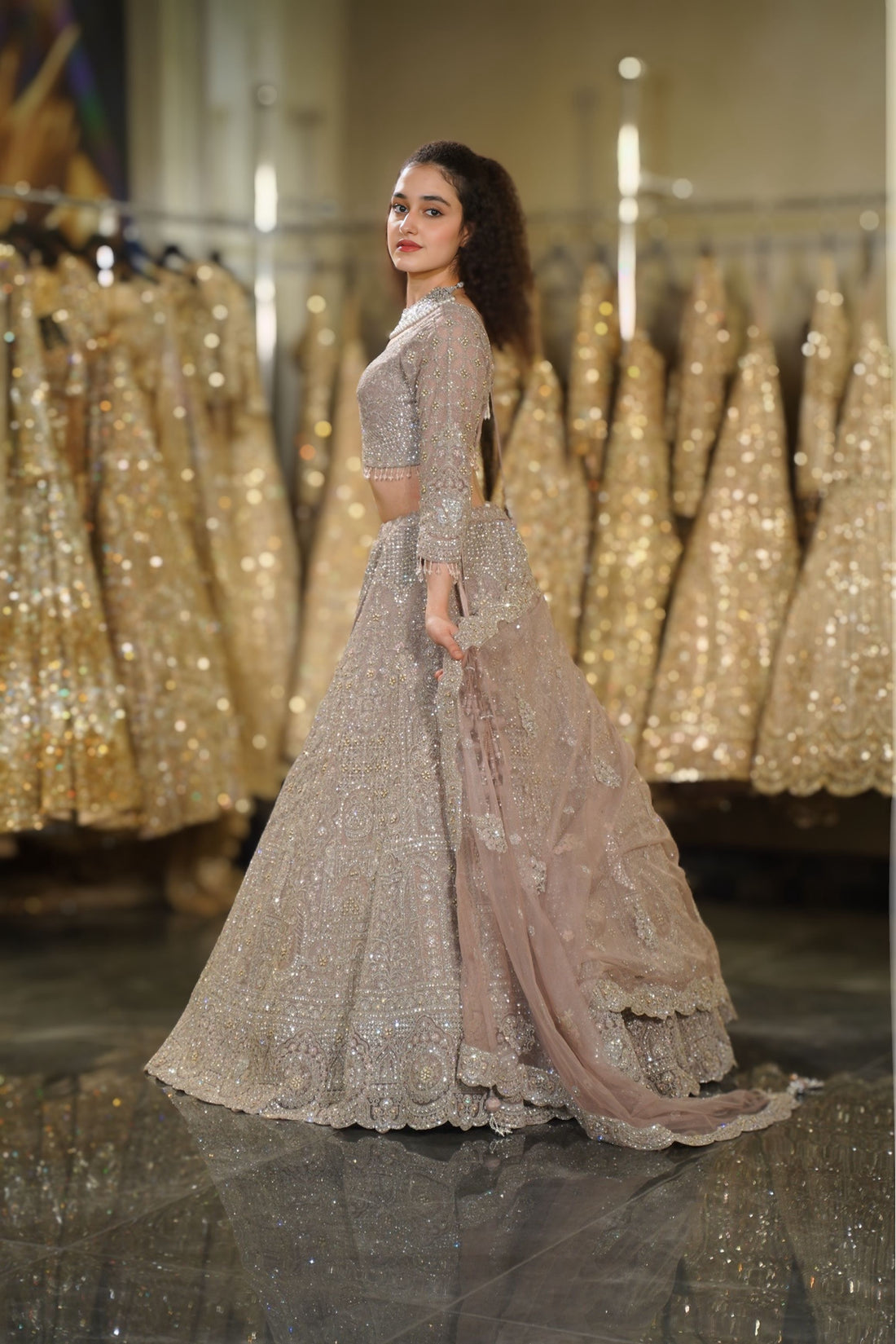 Dusty Mauve Silver Crystal & Architectural Sequin Embroidered Lehenga Set