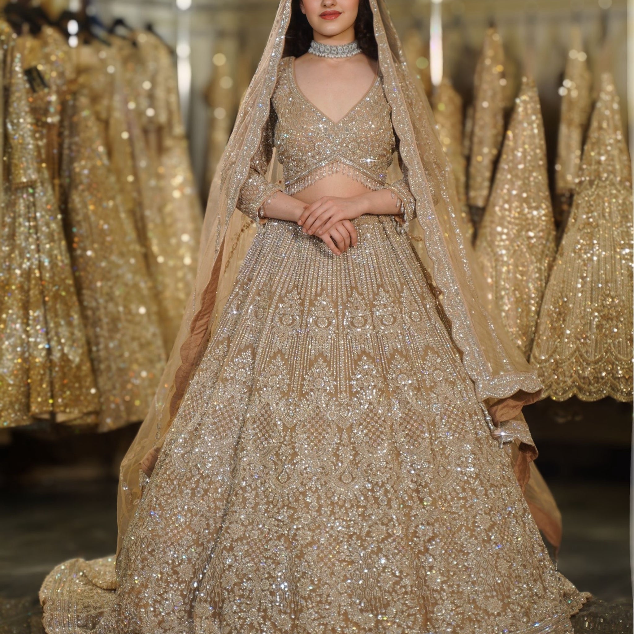 Champagne Gold Linear & Floral Sequin Embroidered Lehenga Set
