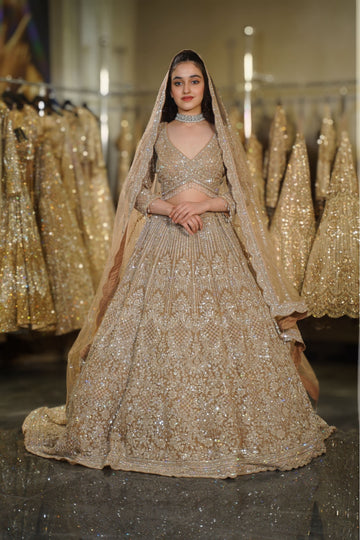 Champagne Gold Linear & Floral Sequin Embroidered Lehenga Set