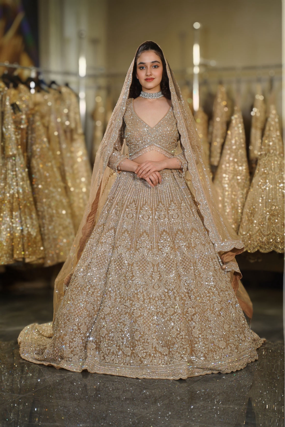 Champagne Gold Linear & Floral Sequin Embroidered Lehenga Set