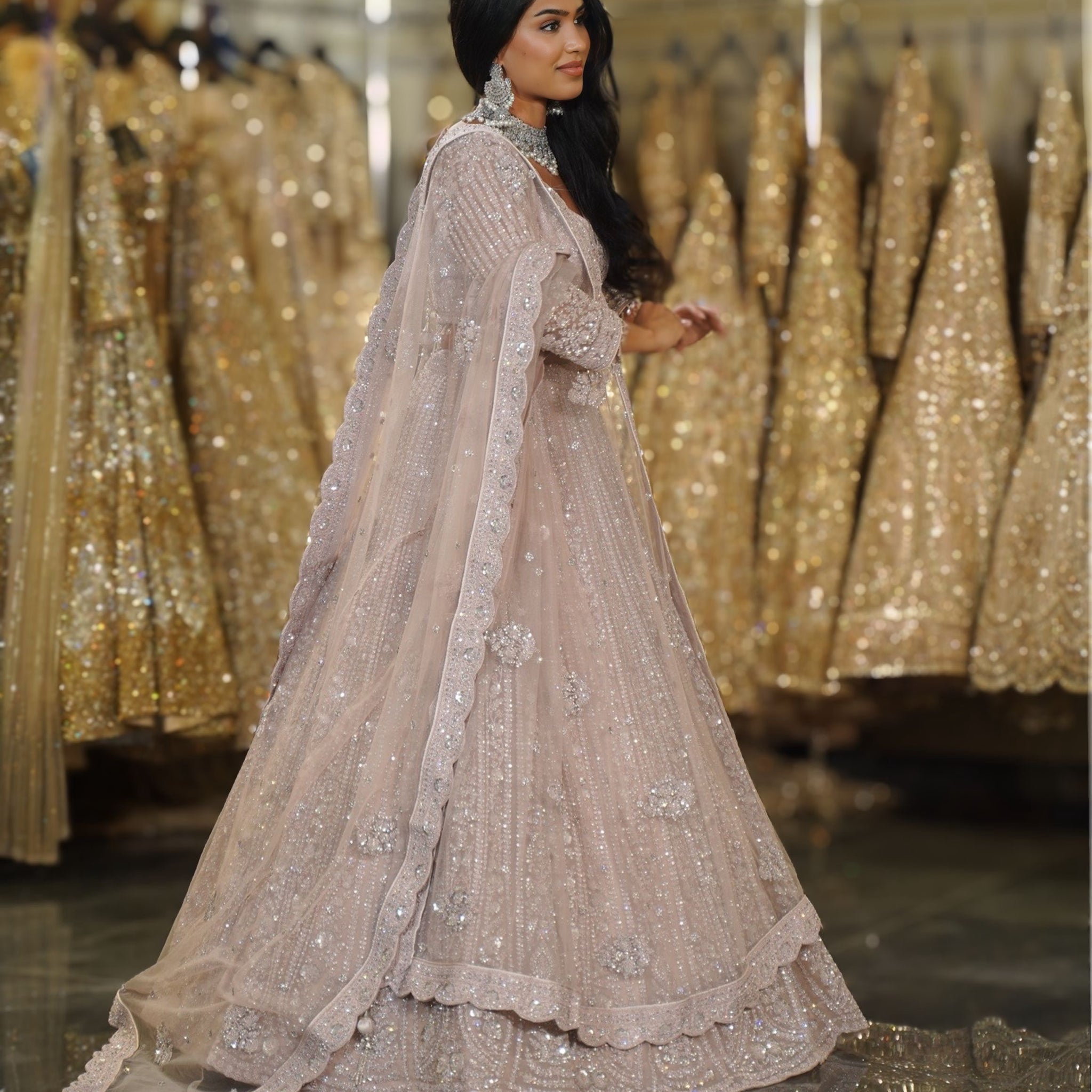 Lilac Pink Scalloped Floral & Sequin Embroidered Lehenga Set