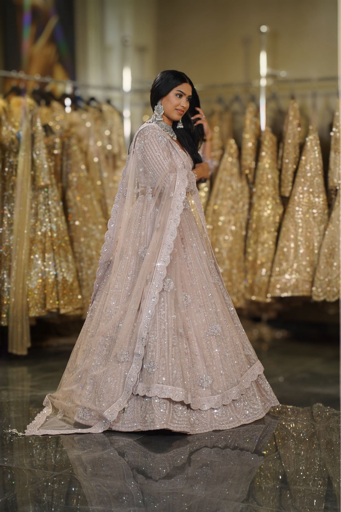 Lilac Pink Scalloped Floral & Sequin Embroidered Lehenga Set