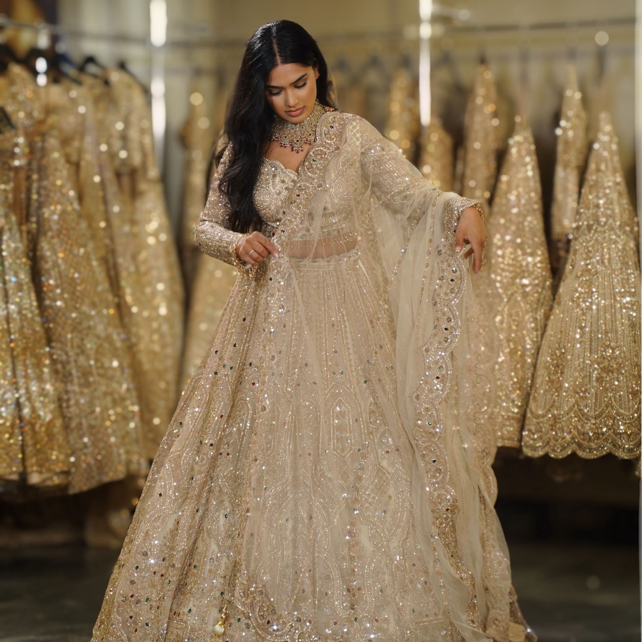Champagne Beige Multi-Color Stone & Scalloped Sequin Lehenga Set