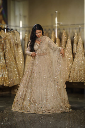 Champagne Beige Multi-Color Stone & Scalloped Sequin Lehenga Set
