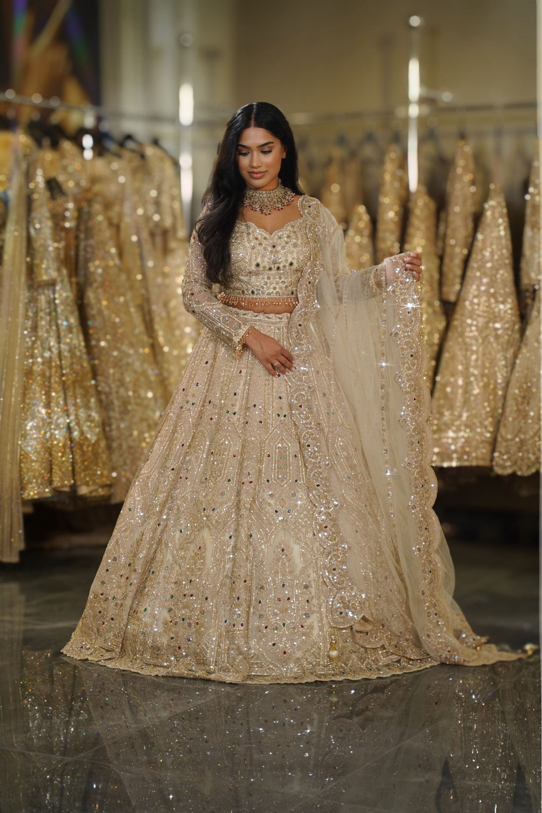 Champagne Beige Multi-Color Stone & Scalloped Sequin Lehenga Set