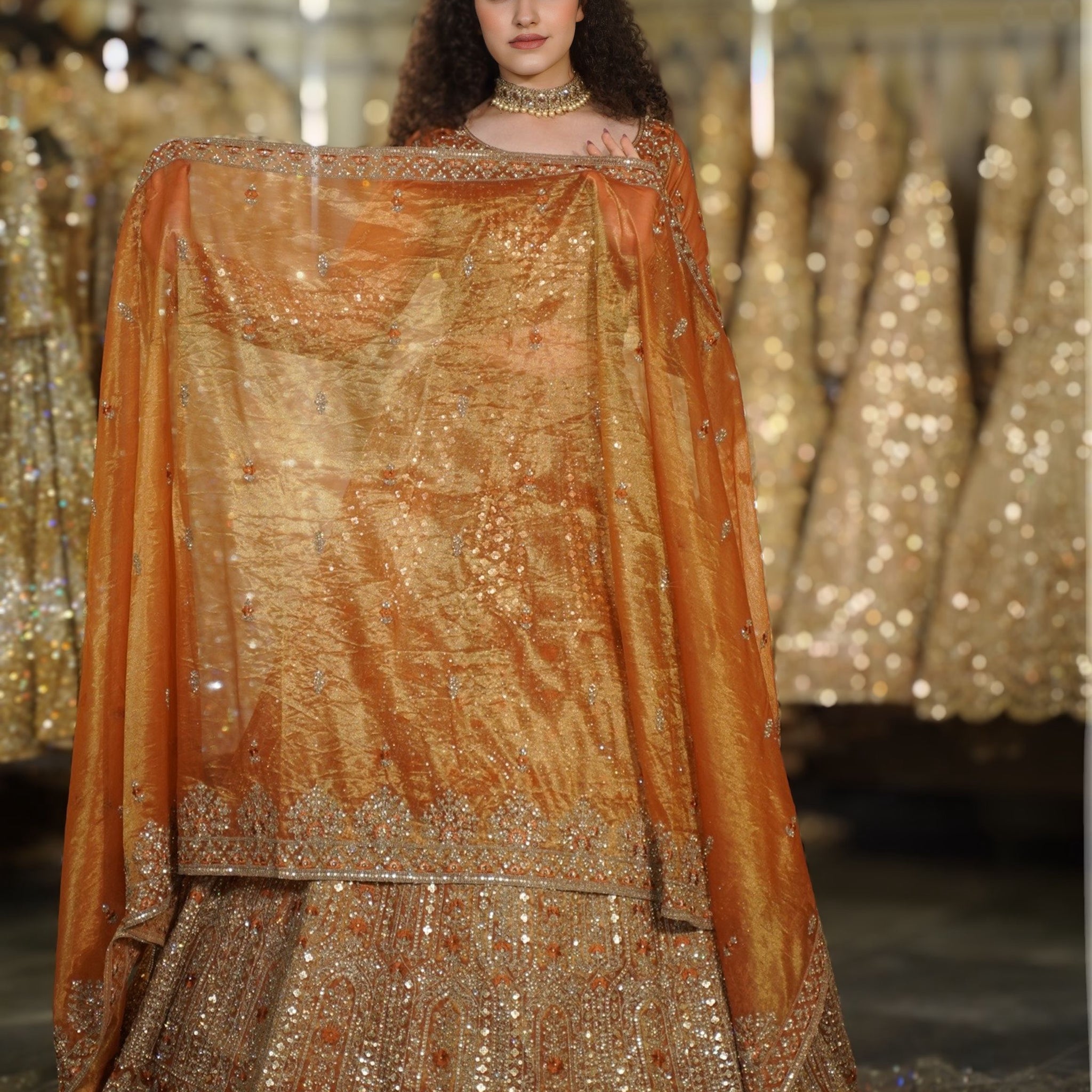 Rust Orange Crushed Shimmer Dupatta & Architectural Sequin Lehenga Set