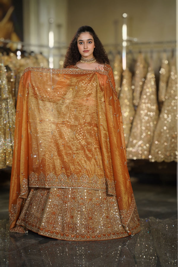Rust Orange Crushed Shimmer Dupatta & Architectural Sequin Lehenga Set