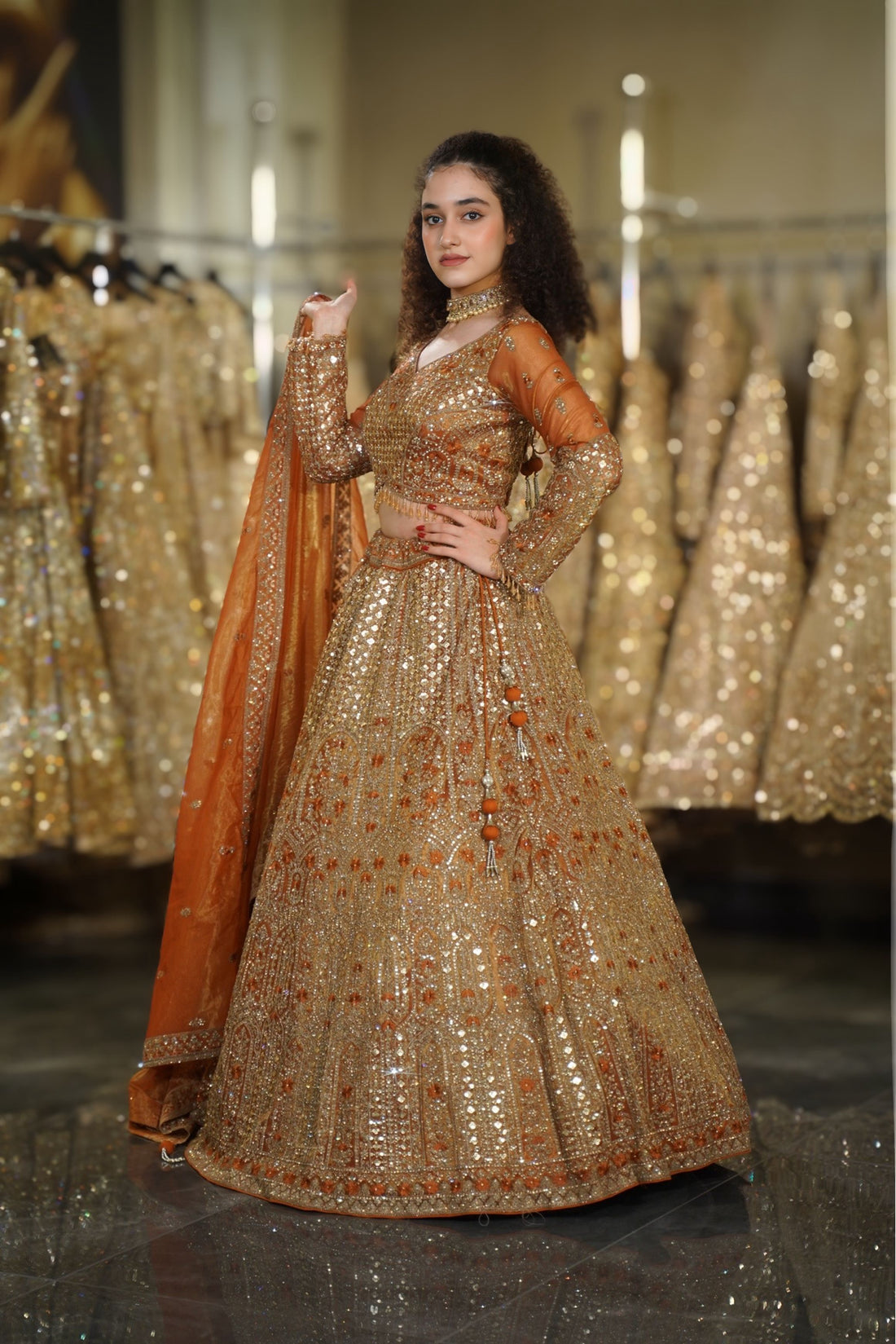 Rust Orange Crushed Shimmer Dupatta & Architectural Sequin Lehenga Set