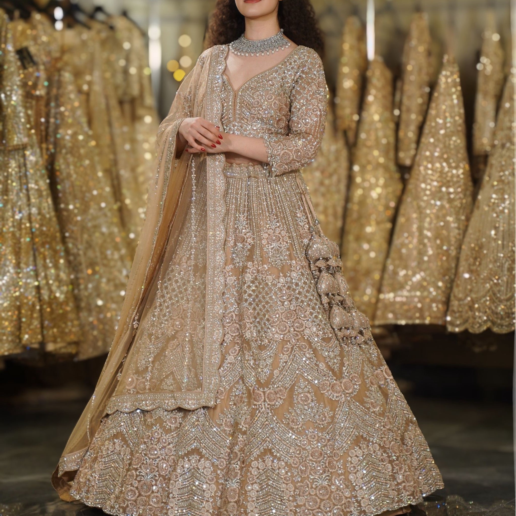 Champagne Beige Geometric Chevron & Floral Crystal Embroidered Lehenga Set