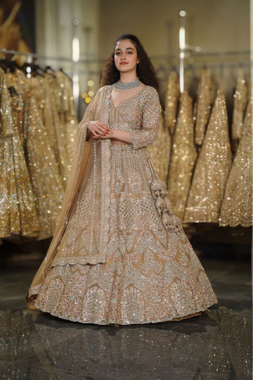 Champagne Beige Geometric Chevron & Floral Crystal Embroidered Lehenga Set