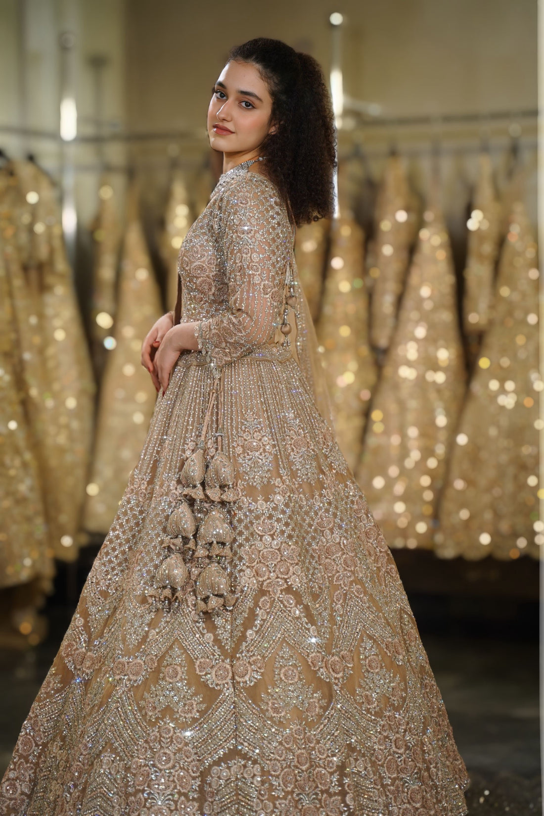 Champagne Beige Geometric Chevron & Floral Crystal Embroidered Lehenga Set