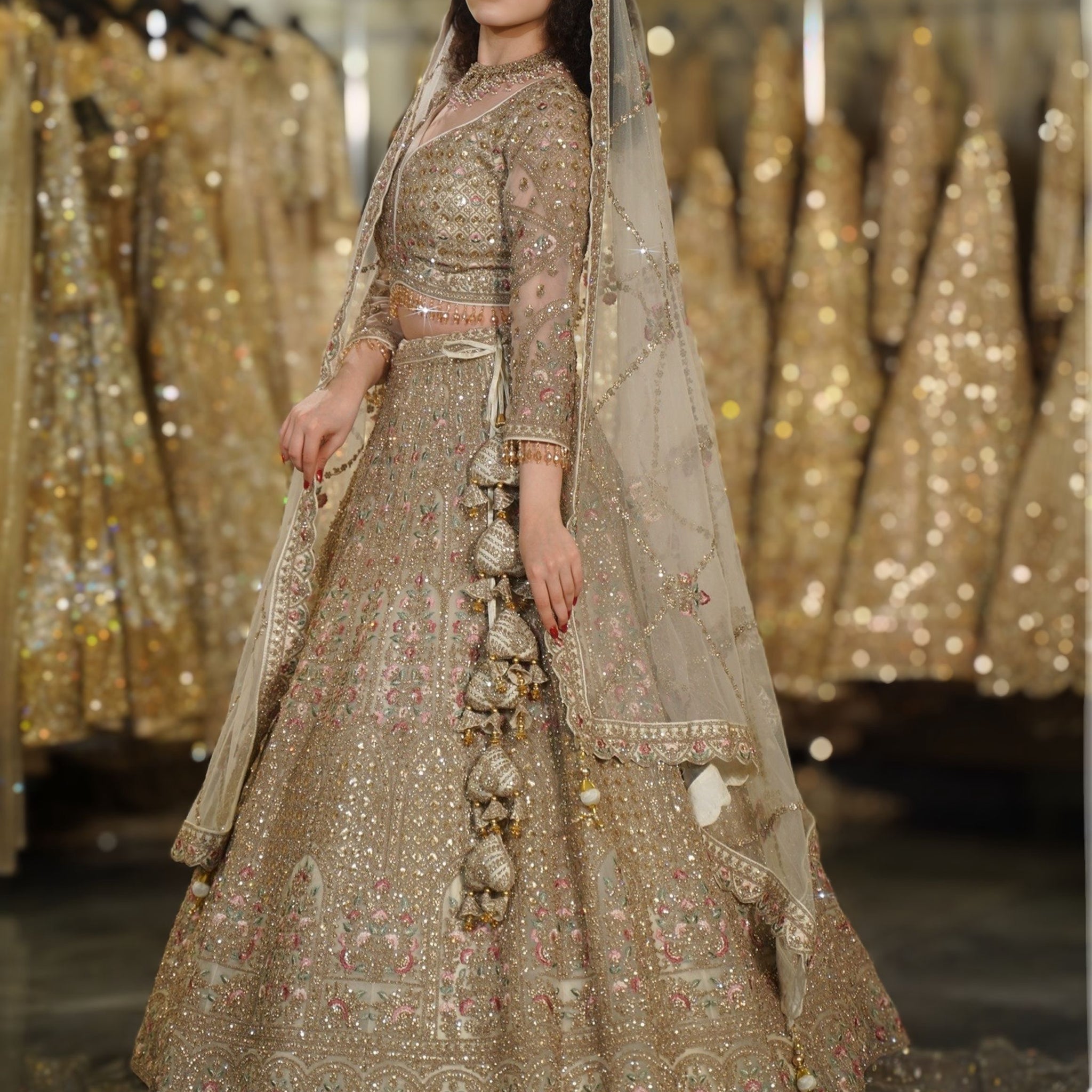 Antique Beige Gold Floral Resham & Sequin Embroidered Lehenga Set