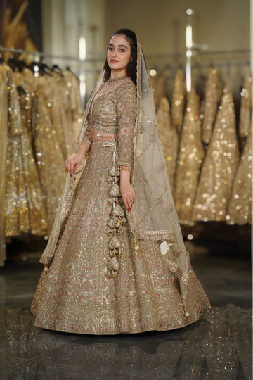 Antique Beige Gold Floral Resham & Sequin Embroidered Lehenga Set
