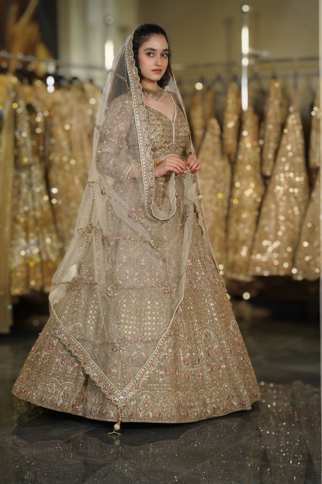 Antique Beige Gold Floral Resham & Sequin Embroidered Lehenga Set