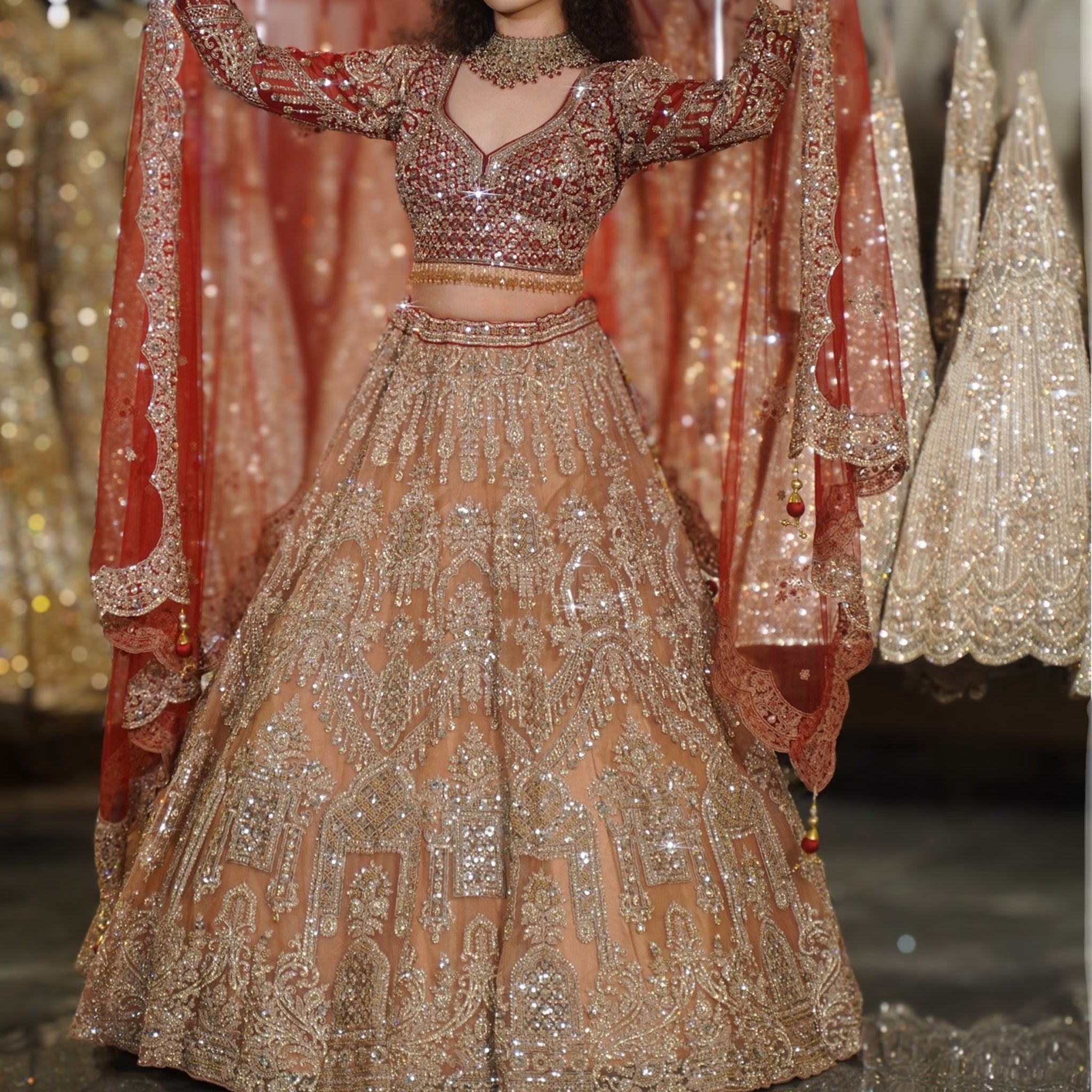 Apricot Peach & Rust Red Architectural Sequin Embroidered Lehenga Set