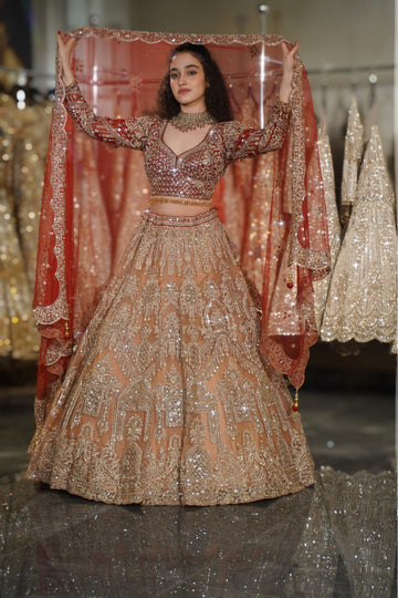 Apricot Peach & Rust Red Architectural Sequin Embroidered Lehenga Set