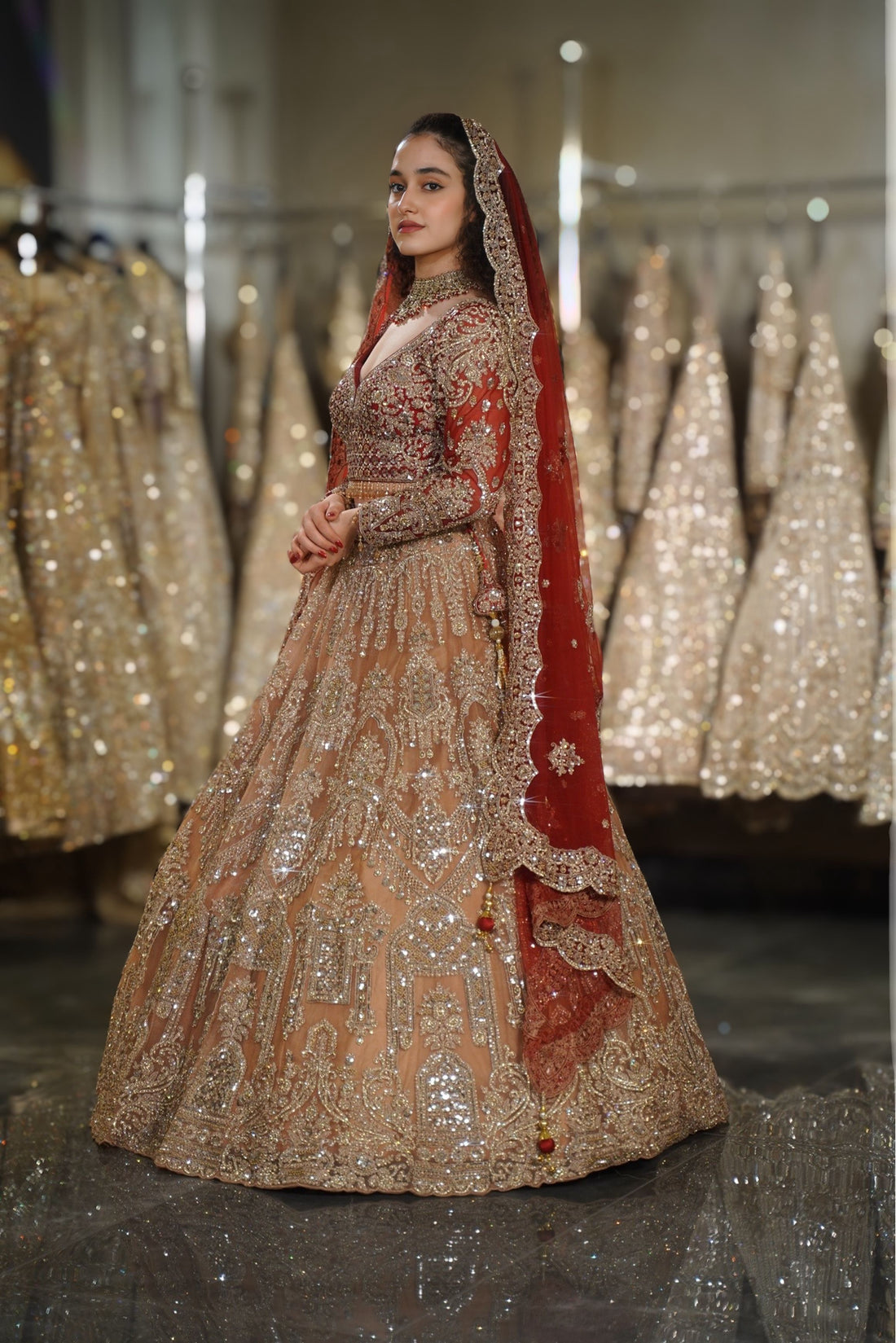 Apricot Peach & Rust Red Architectural Sequin Embroidered Lehenga Set